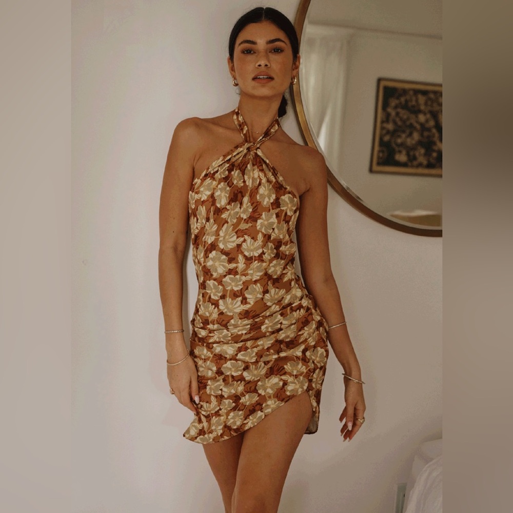 RESA Brown Floral Backless Halter Dress